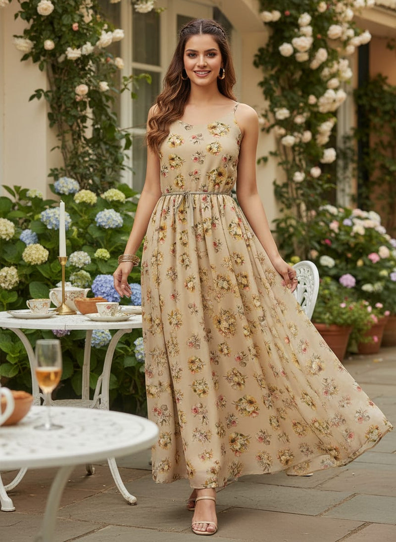 Cream Vintage Floral Bouquet Pure Georgette Digital Printed Fabric