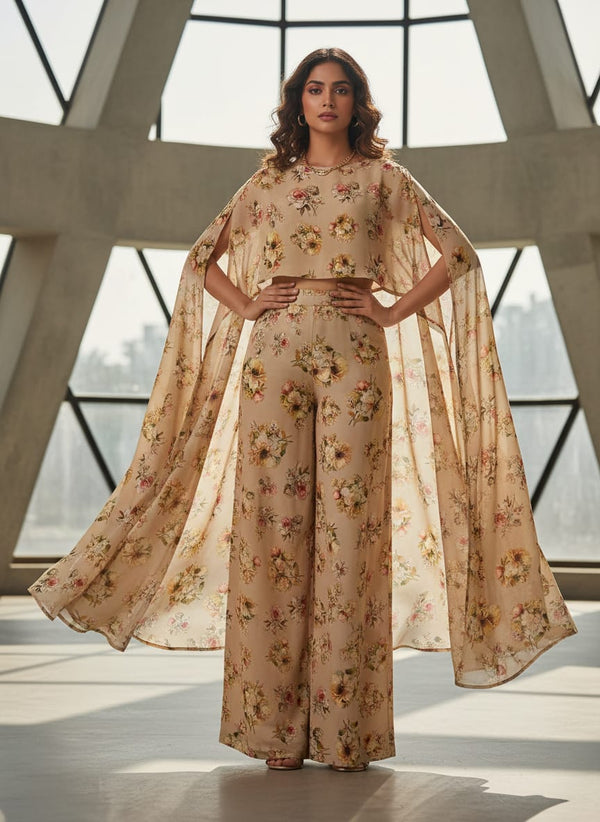 Cream Vintage Floral Bouquet Print Pure Chinon Digital Printed Fabric - Cape with Palazzo Lookbook - PC-0-TA08562P6-106 - alternate view
