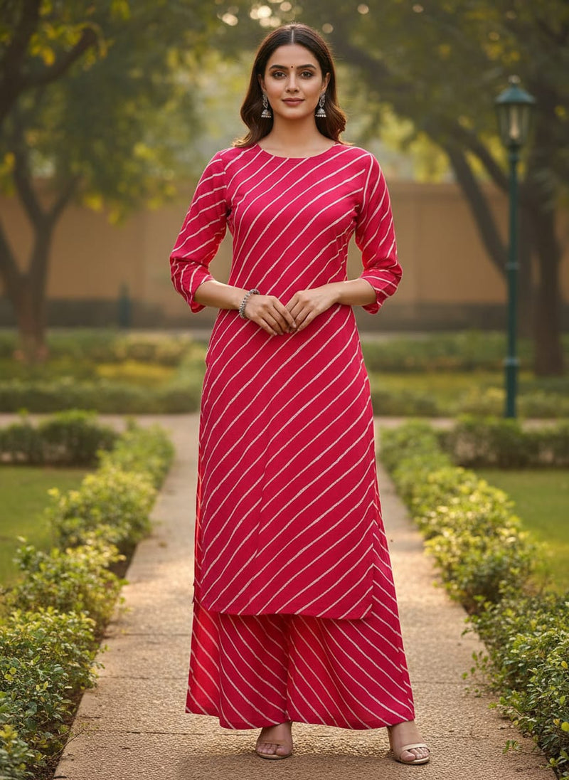 Pink Wavy Leheriya Stripe Pure Cotton Digital Printed Fabric