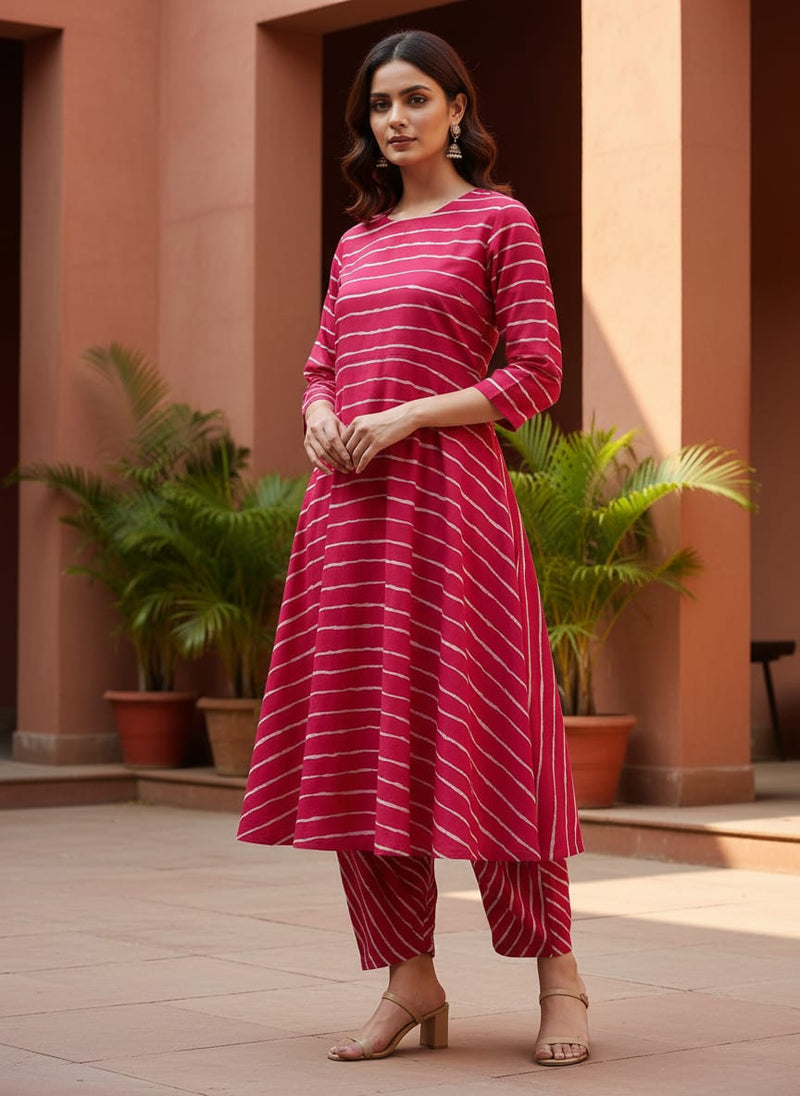 Pink Wavy Leheriya Stripe Pure Cotton Digital Printed Fabric