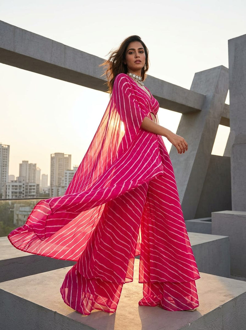 Pink Ethnic Leheriya Striped Pure Georgette Digital Printed Fabric
