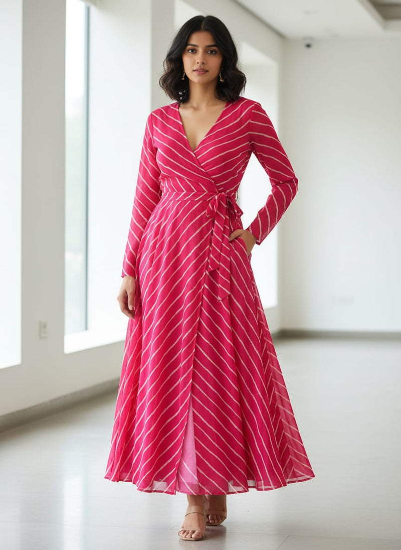Lovely Pink Gradient Strips Wave Digital Printed Fabric - Pure Georgette