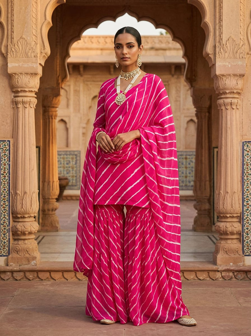 Pink Ethnic Leheriya Striped Pure Georgette Digital Printed Fabric