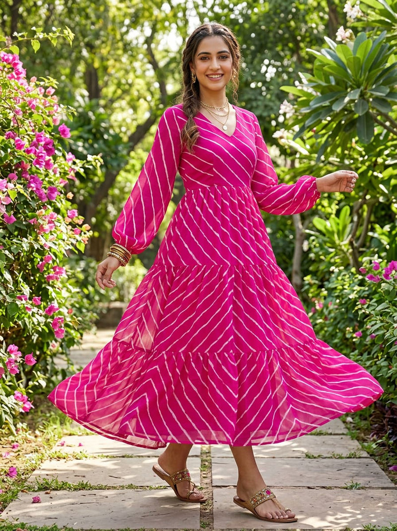 Pink Ethnic Leheriya Striped Pure Georgette Digital Printed Fabric