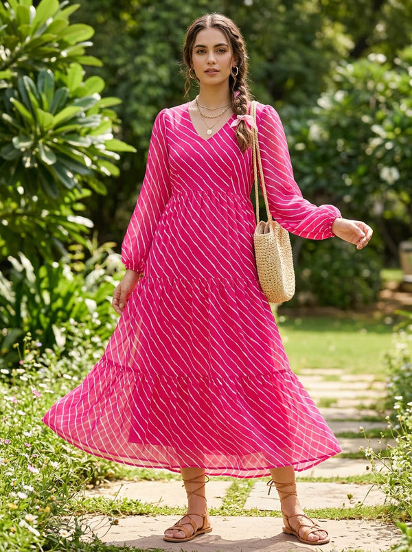 Pink Wavy Diagonal Stripes Pure Chiffon Digital Printed Fabric - Flowy Maxi Dress Lookbook - PCH-0-TA08566P1-96 - alternate view