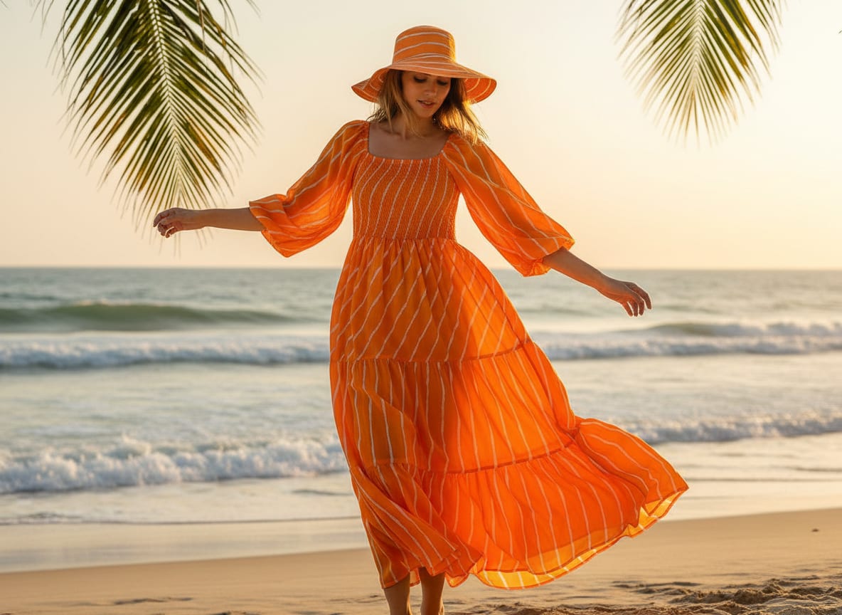 Orange Abstract Wavy Striped Weightless Digital Printed Fabric