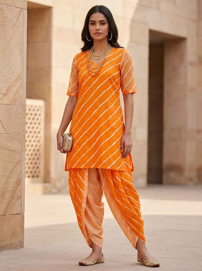Orange Ethnic Leheriya Striped Pure Cotton Digital Printed Fabric