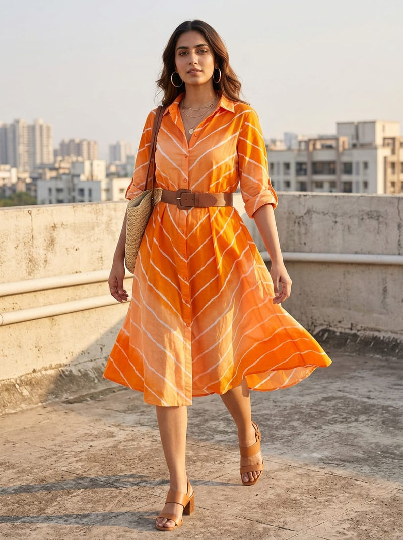 Orange Ethnic Leheriya Striped Pure Cotton Digital Printed Fabric