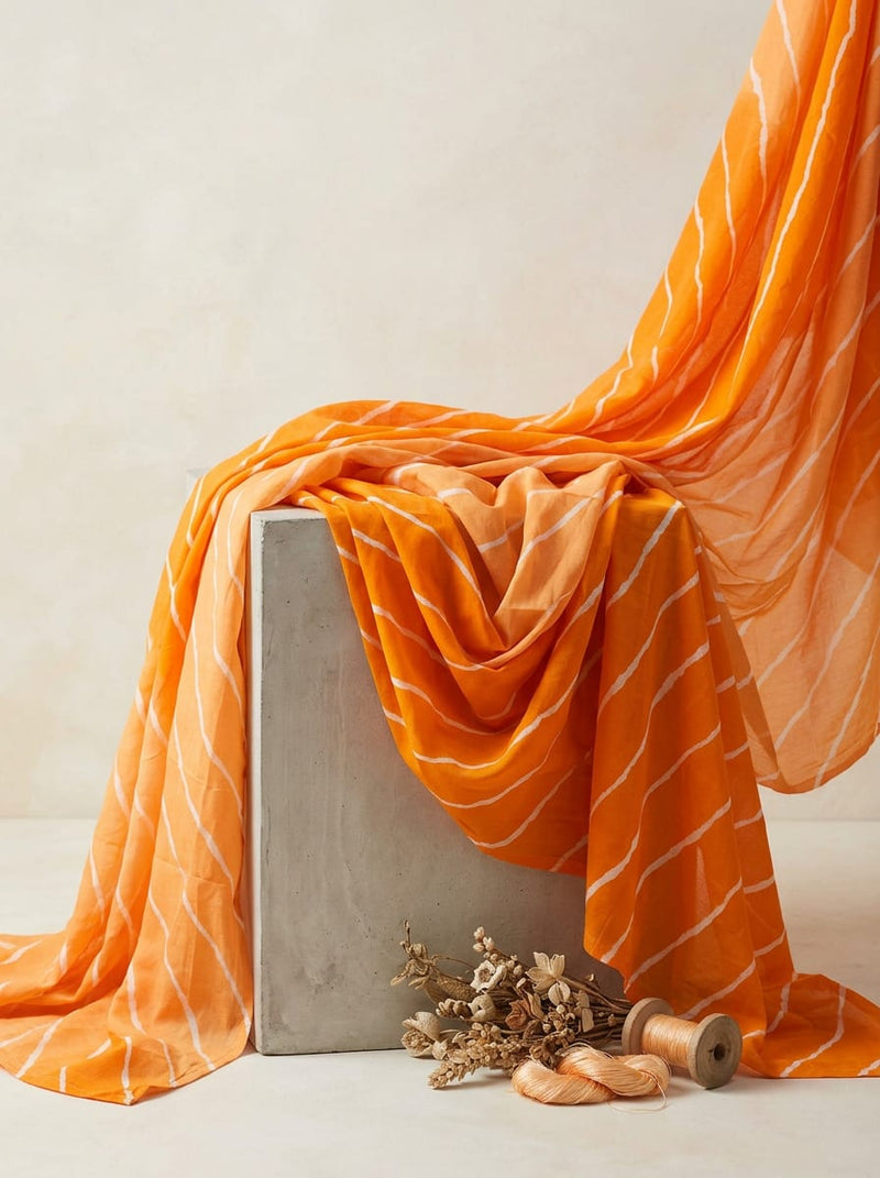 Orange Ethnic Leheriya Striped Pure Cotton Digital Printed Fabric