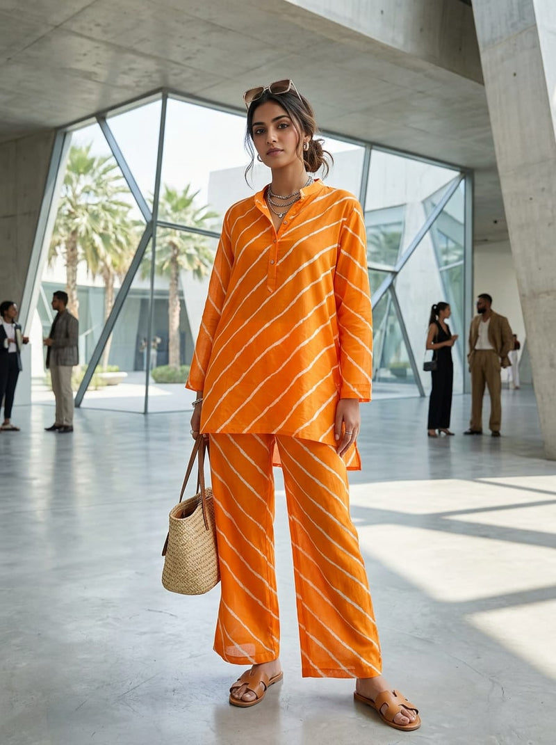 Orange Ethnic Leheriya Striped Pure Cotton Digital Printed Fabric