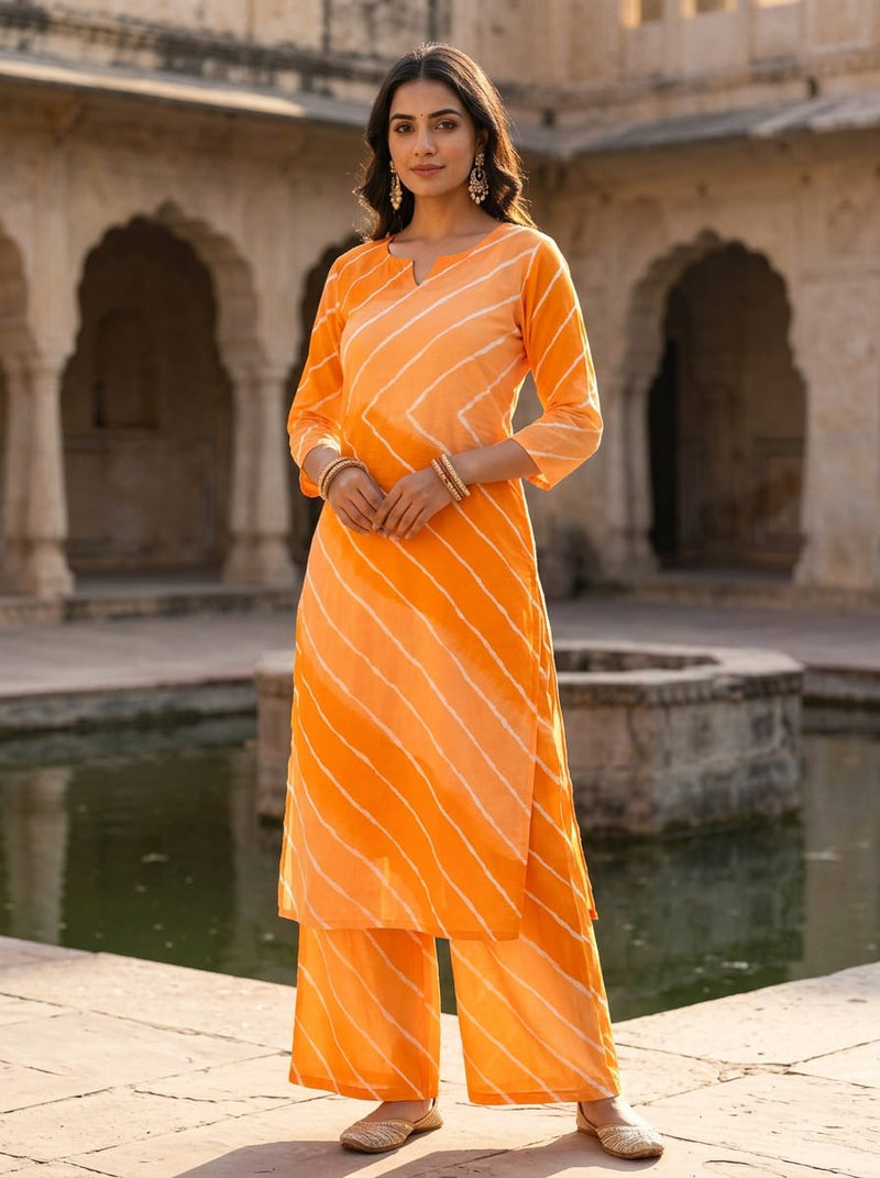 Orange Ethnic Leheriya Striped Pure Cotton Digital Printed Fabric
