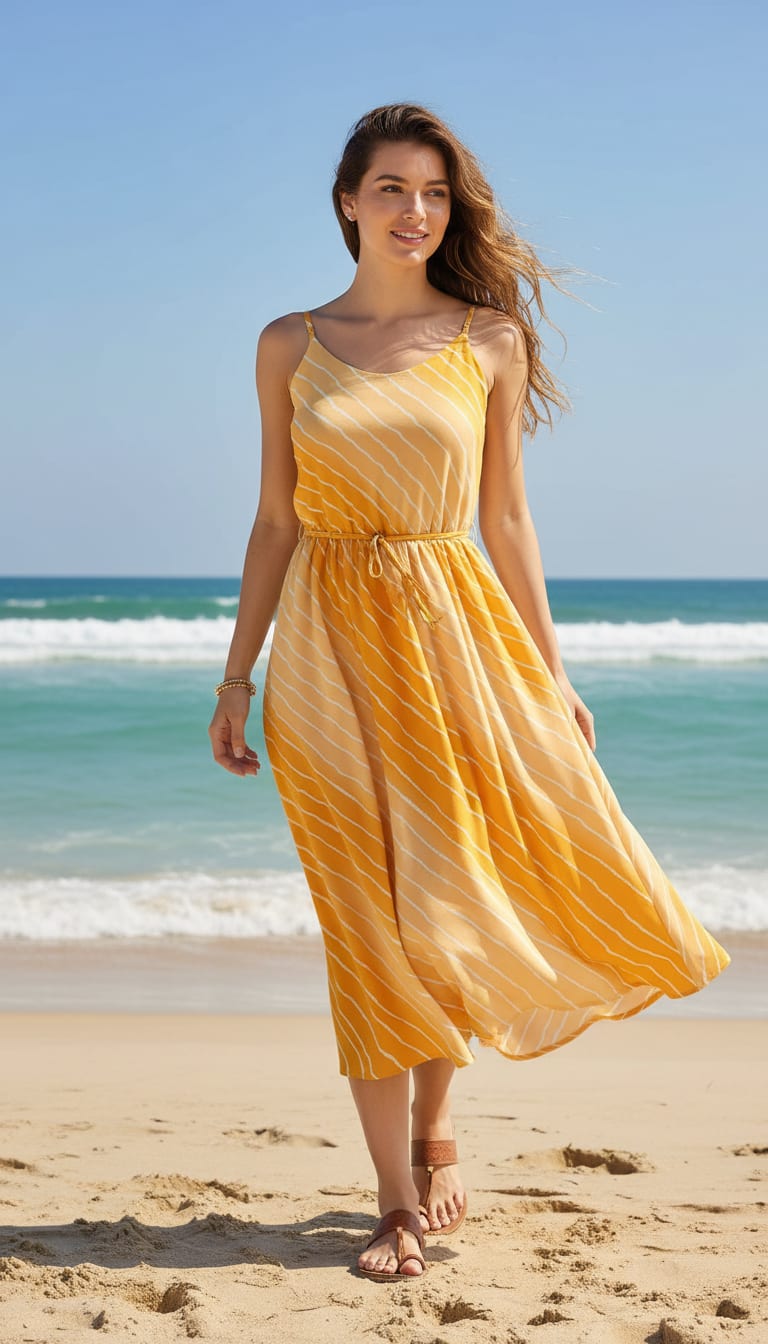 Decorative Yellow Gradient Strips Wave Digital Printed Fabric - Pure Georgette