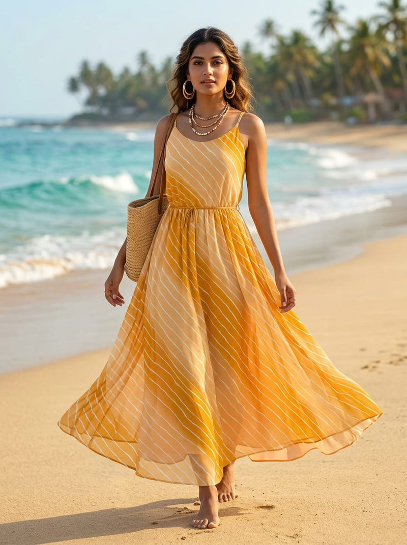 Yellow Leheriya Striped Pure Georgette Digital Printed Fabric