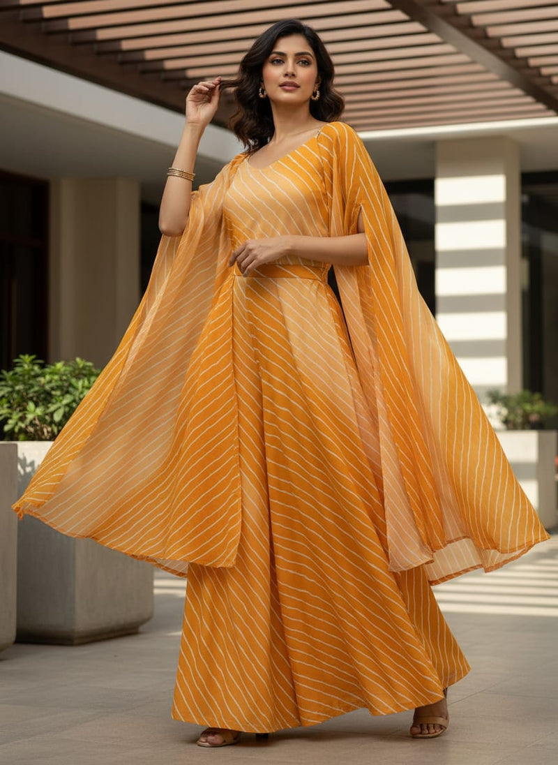Decorative Yellow Gradient Strips Wave Digital Printed Fabric - Pure Georgette