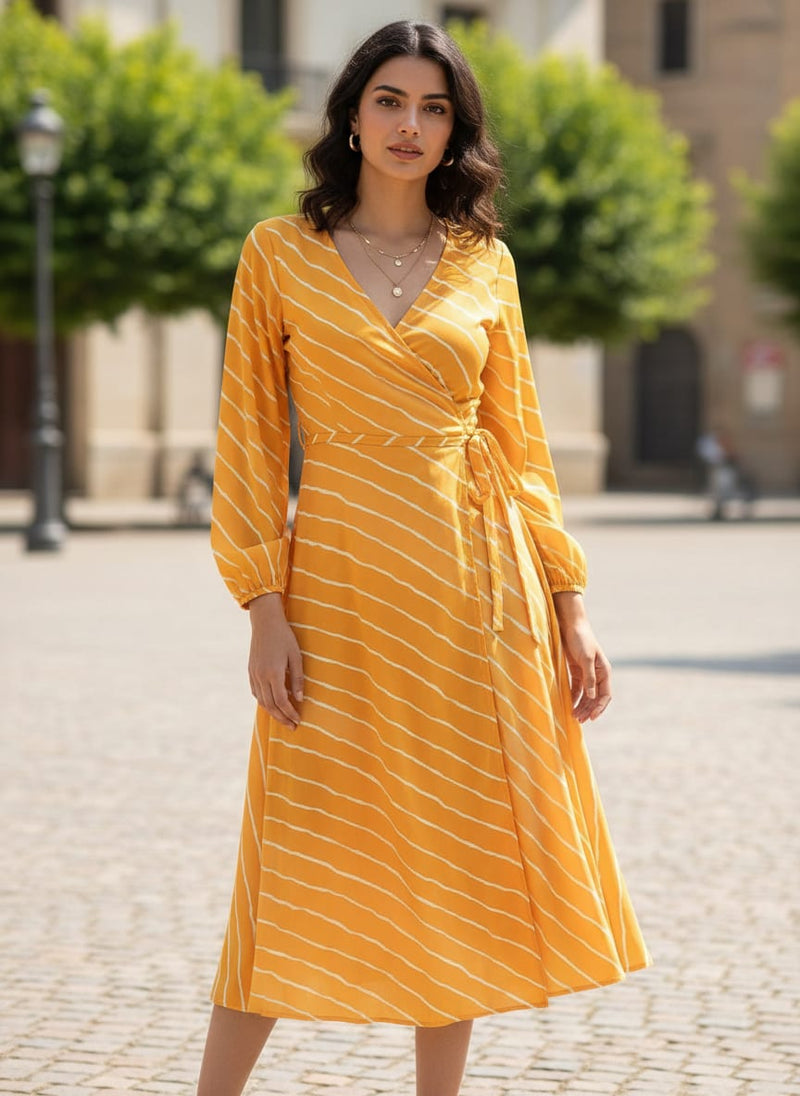 Decorative Yellow Gradient Strips Wave Digital Printed Fabric - Pure Georgette
