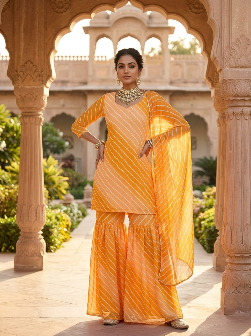Yellow Leheriya Striped Pure Georgette Digital Printed Fabric