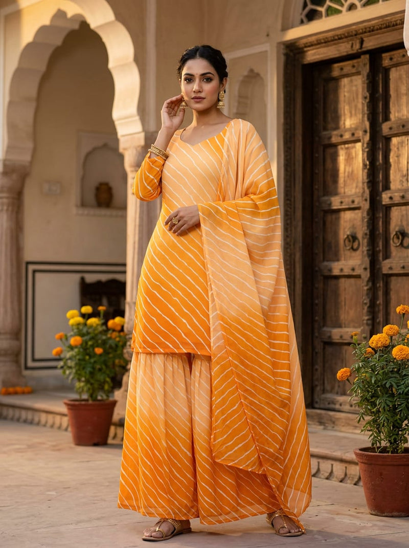 Yellow Leheriya Striped Pure Georgette Digital Printed Fabric