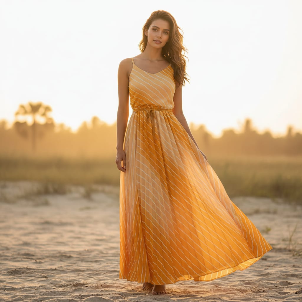 Decorative Yellow Gradient Strips Wave Digital Printed Fabric - Pure Chiffon