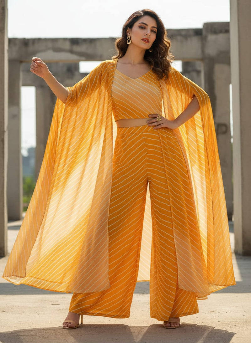Decorative Yellow Gradient Strips Wave Digital Printed Fabric - Pure Chiffon