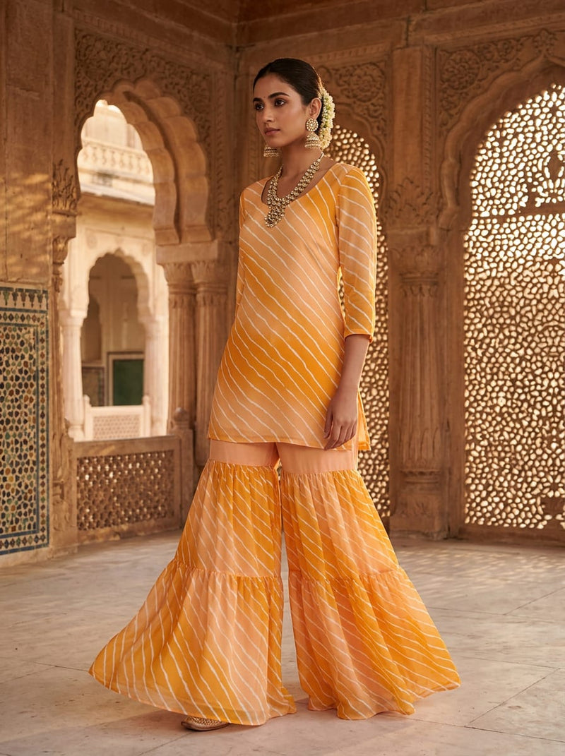 Yellow Leheriya Striped Gradient Pure Chiffon Digital Printed Fabric