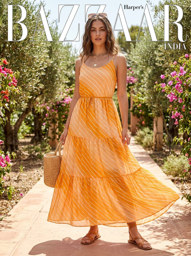 Yellow Leheriya Striped Gradient Pure Chiffon Digital Printed Fabric
