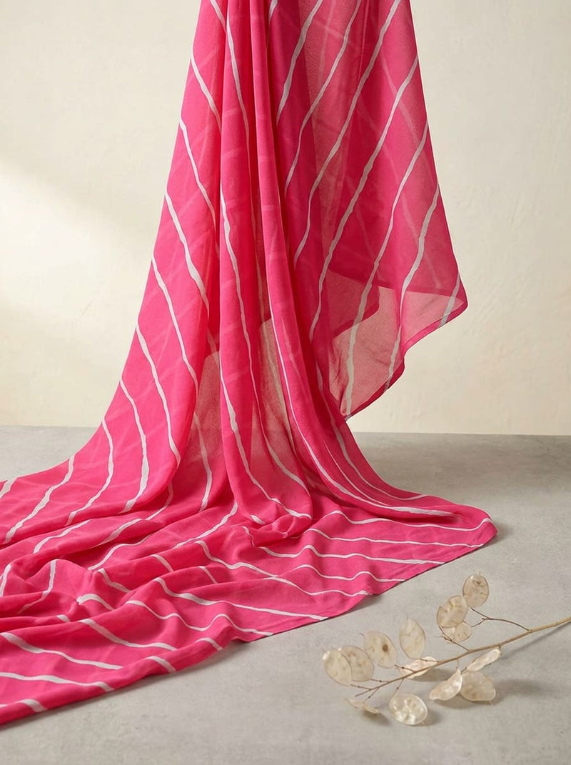 Pink and White Leheriya Striped Weightless Digital Printed Fabric