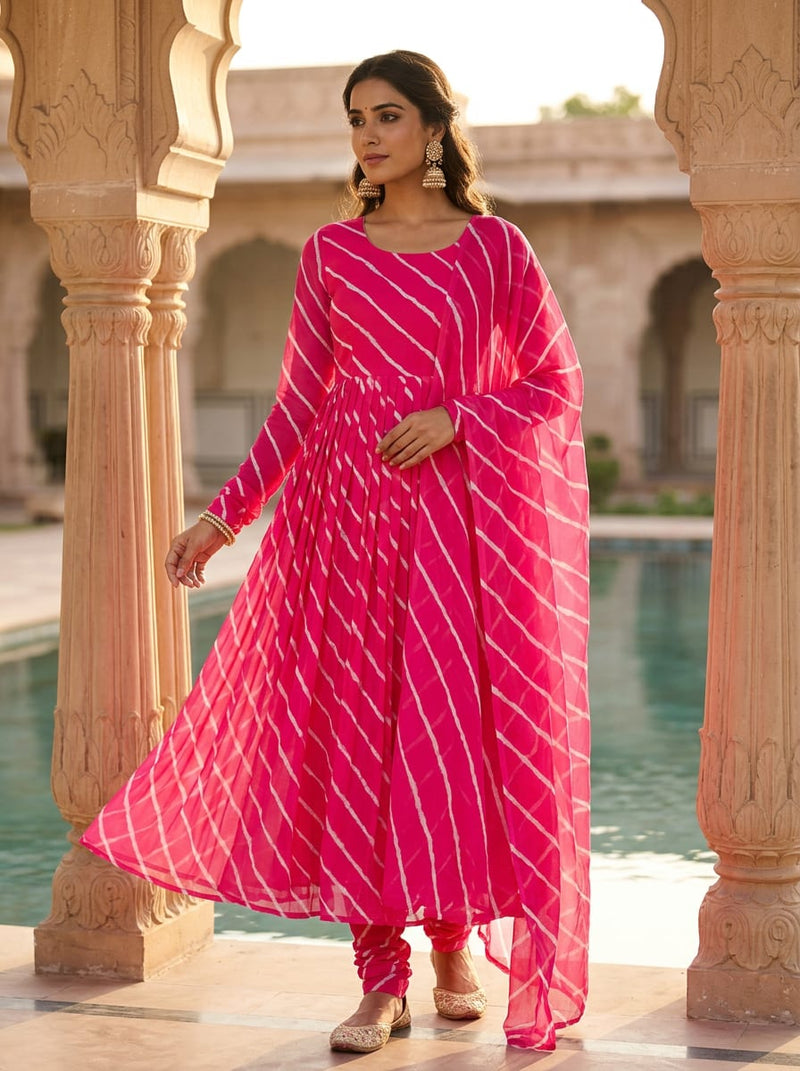 Pink and White Leheriya Striped Weightless Digital Printed Fabric