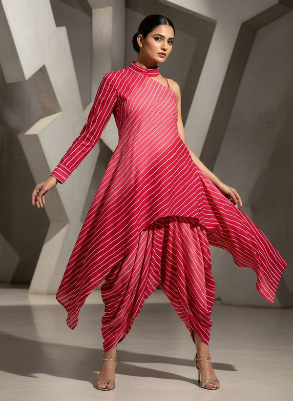 Multi Regimental Red Strips Digital Printed Fabric - Pure Cotton - Asymmetric Tunic with Dhoti Pants Lookbook - PCO-0-TA08566P3-108 - alternate view