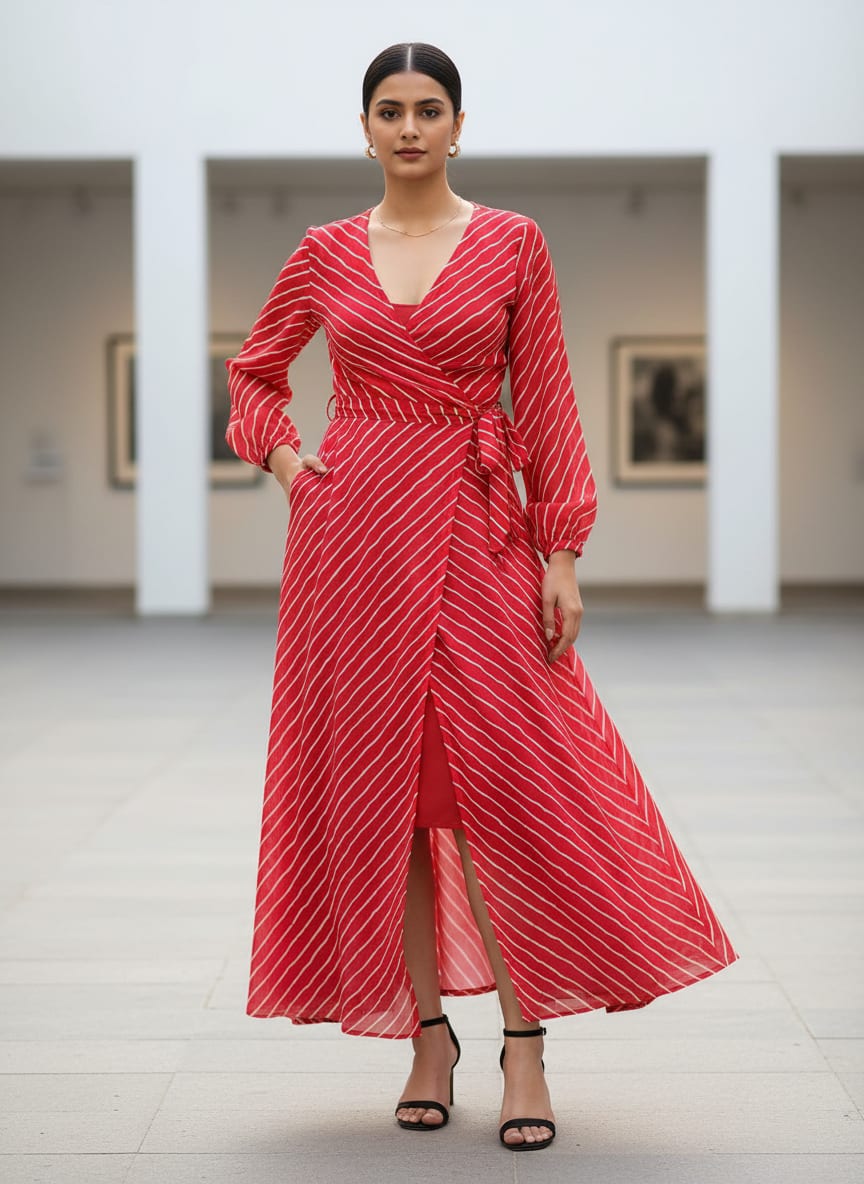 Multi Regimental Red Strips Digital Printed Fabric - Pure Georgette