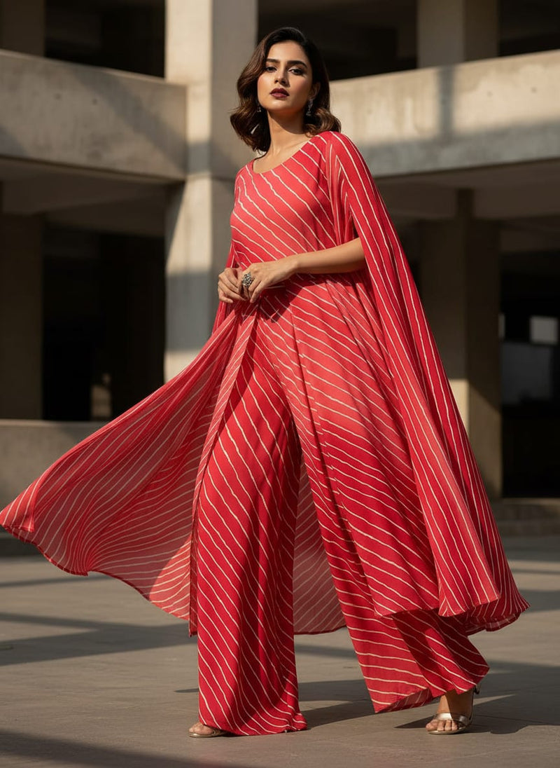 Multi Regimental Red Strips Digital Printed Fabric - Pure Georgette