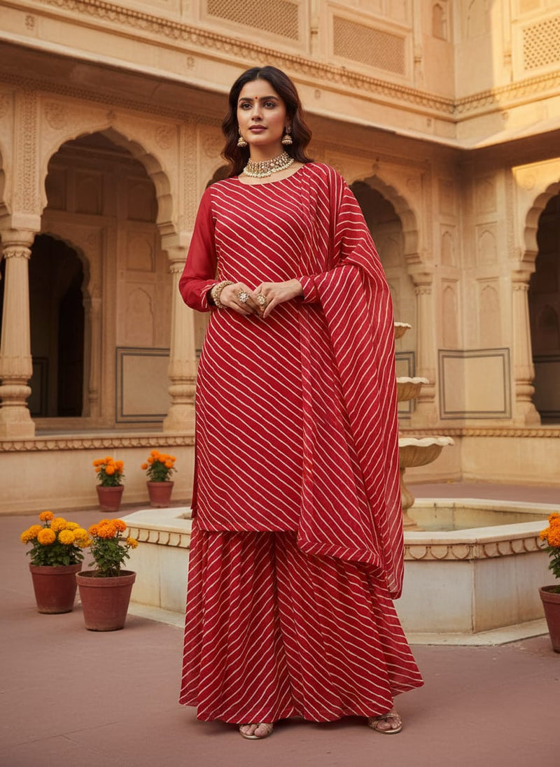 Red Hand-drawn Wavy Stripes Pure Chiffon Digital Printed Fabric