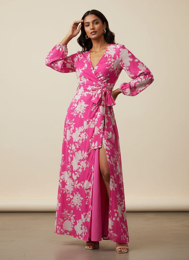 Pink Bold Floral Silhouette Print Weightless Digital Printed Fabric