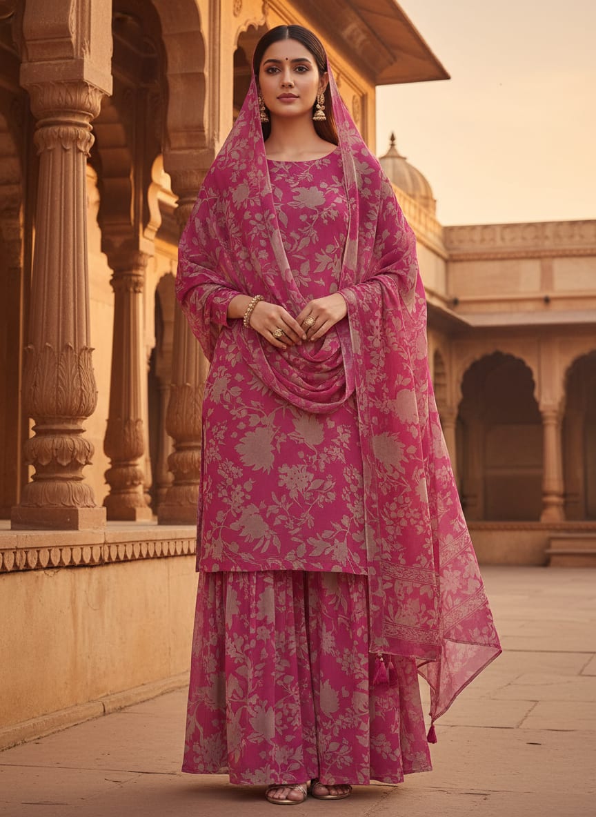 Pink Tonal Floral Silhouette Pure Georgette Digital Printed Fabric