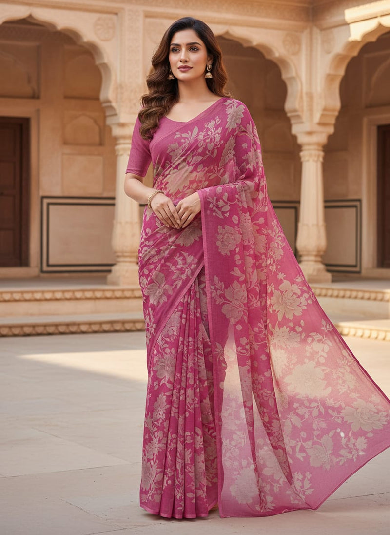 Pink Tonal Floral Silhouette Pure Georgette Digital Printed Fabric