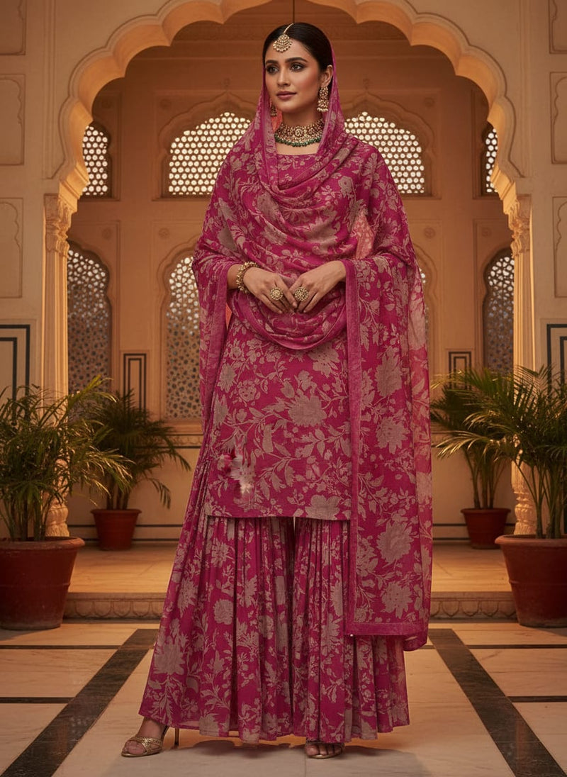 Pink Tonal Floral Silhouette Pure Georgette Digital Printed Fabric