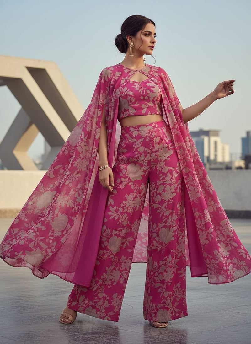 Pink Tonal Floral Silhouette Pure Georgette Digital Printed Fabric