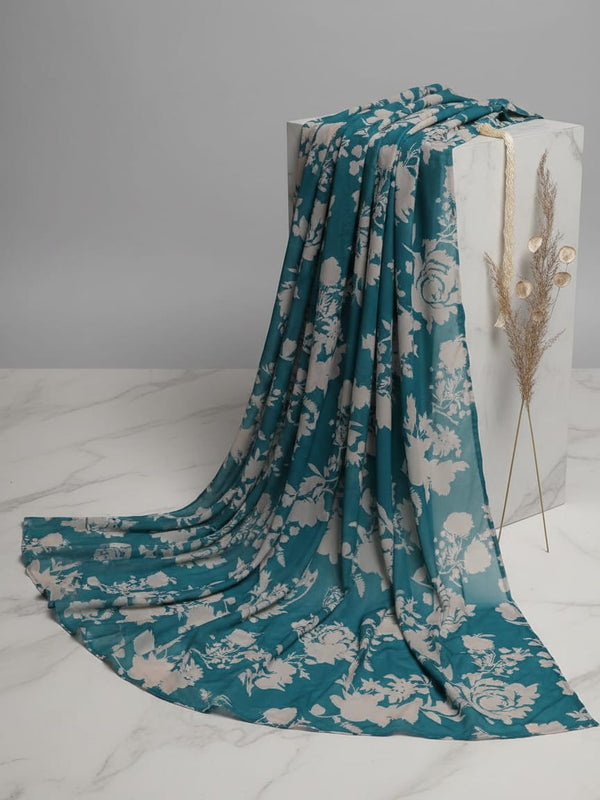 Teal Tonal Floral Silhouette Weightless Digital Printed Fabric