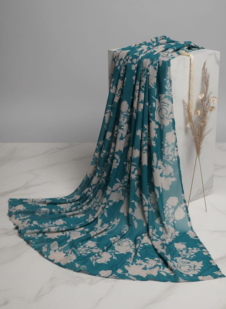 Teal Tonal Floral Silhouette Weightless Digital Printed Fabric