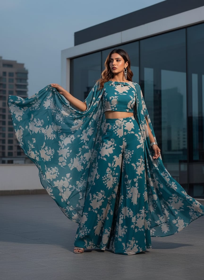 Teal Tonal Floral Silhouette Weightless Digital Printed Fabric