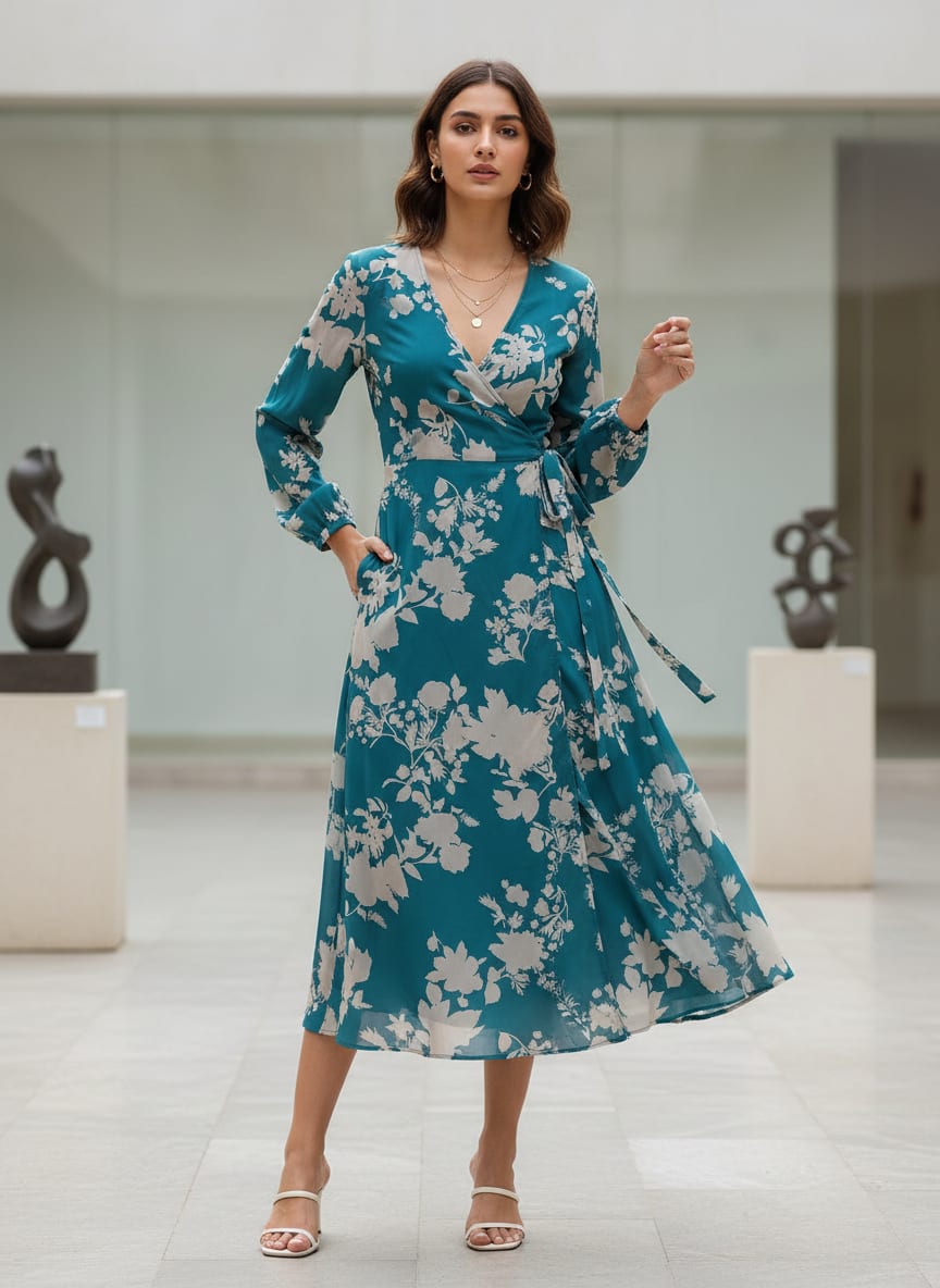 Teal Tonal Floral Silhouette Weightless Digital Printed Fabric