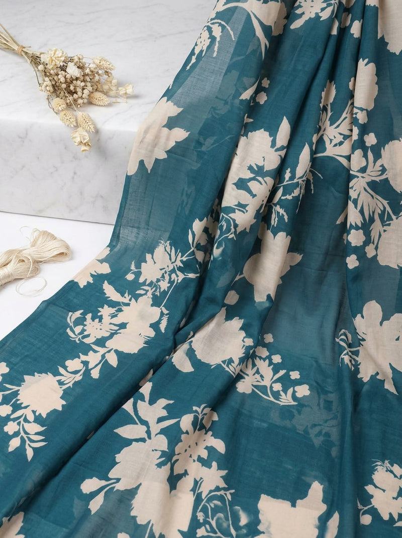 Teal and Cream Bold Floral Silhouette Muslin Digital Printed Fabric