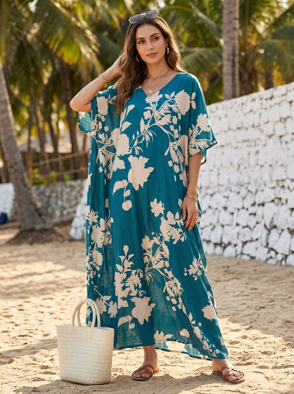 Teal and Cream Bold Floral Silhouette Muslin Digital Printed Fabric - Kaftan Lookbook - MU-0-TA08569P2-110 - alternate view