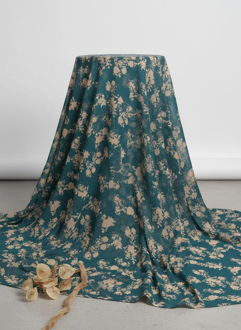 Teal Trailing Floral Silhouette Pure Georgette Digital Printed Fabric