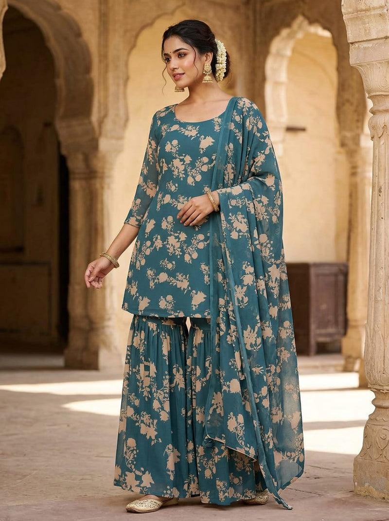Teal Trailing Floral Silhouette Pure Georgette Digital Printed Fabric