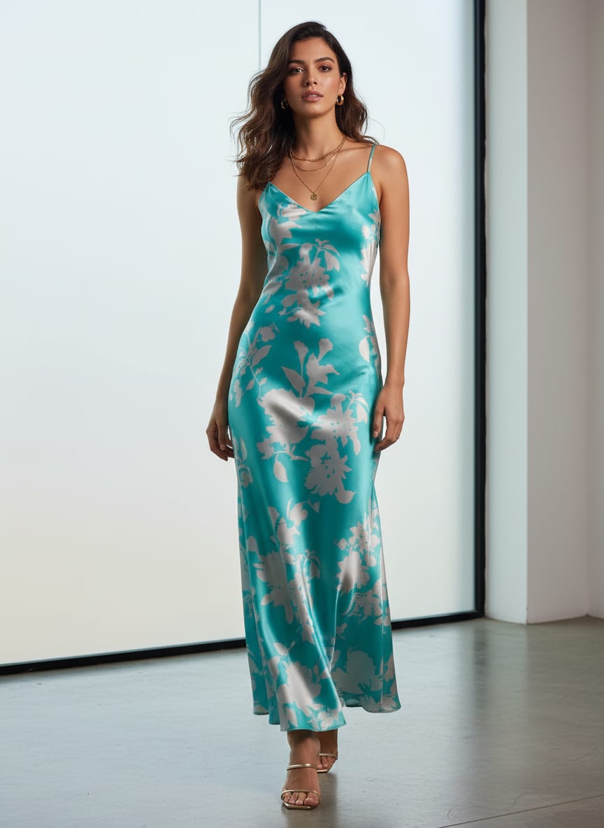 Teal Floral Silhouette Japan Satin Digital Printed Fabric