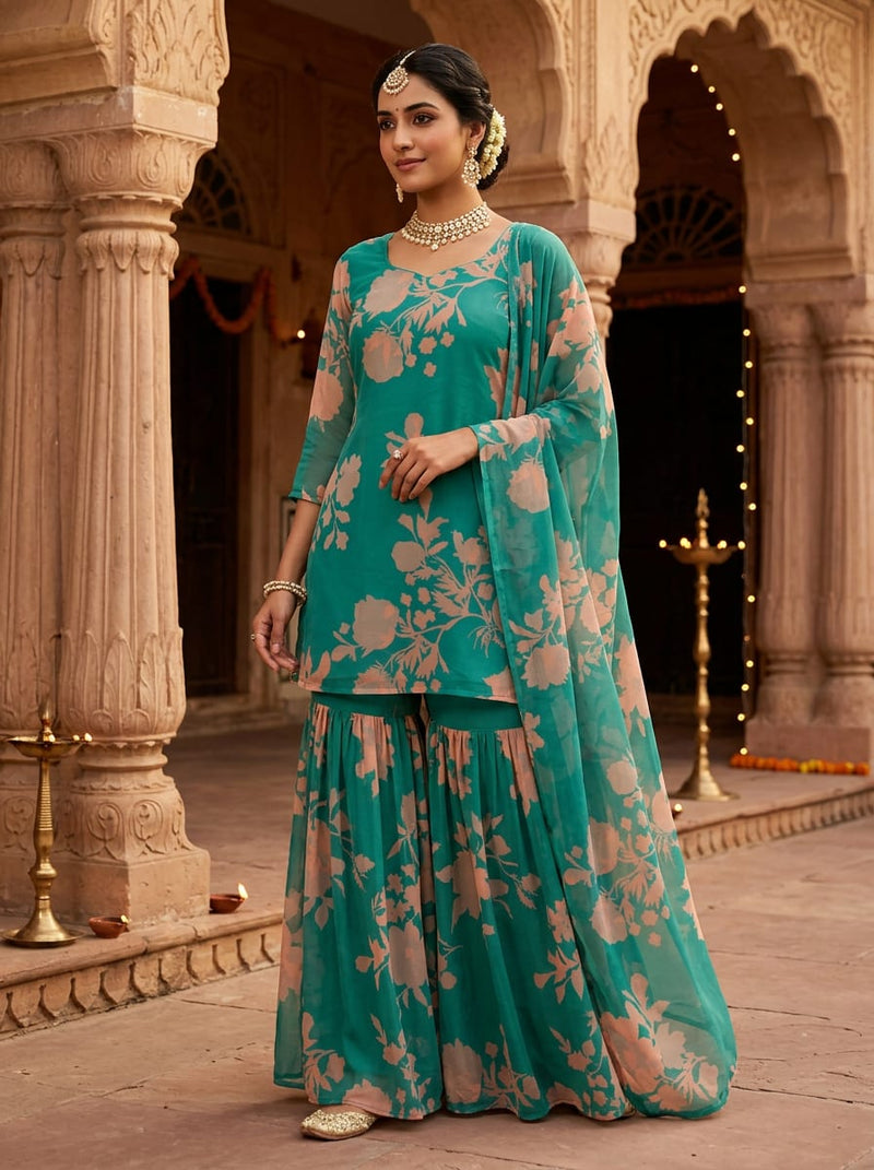 Teal Soft Floral Silhouette Pure Georgette Digital Printed Fabric