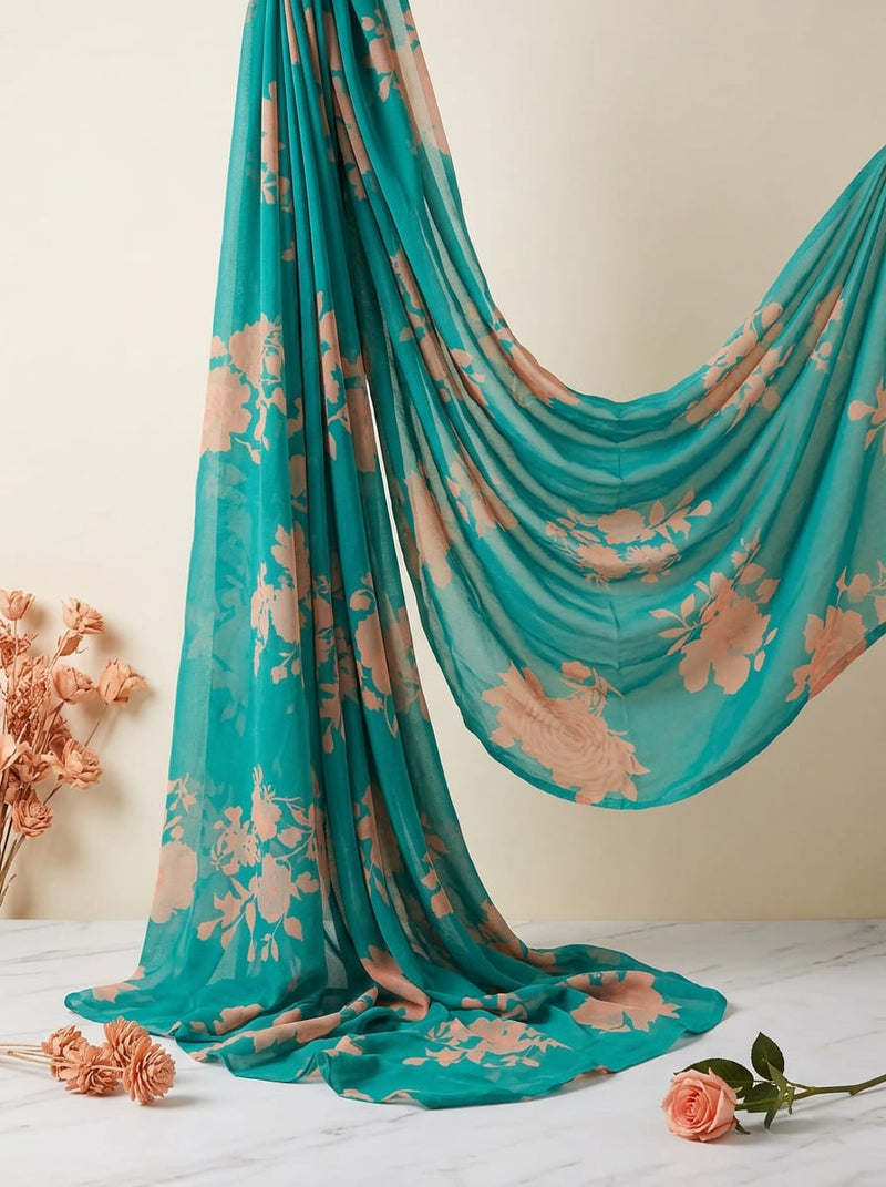 Teal Soft Floral Silhouette Pure Georgette Digital Printed Fabric