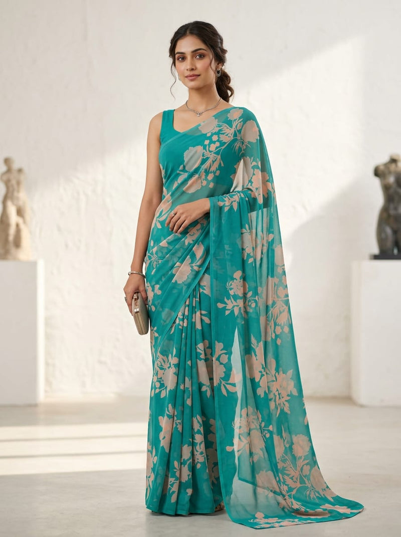 Teal Soft Floral Silhouette Pure Georgette Digital Printed Fabric