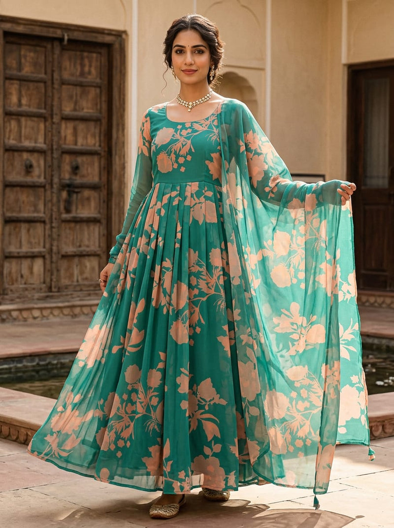 Teal Soft Floral Silhouette Pure Georgette Digital Printed Fabric