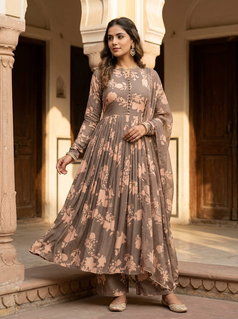 Brown Two-Tone Floral Silhouette Weightless Digital Printed Fabric